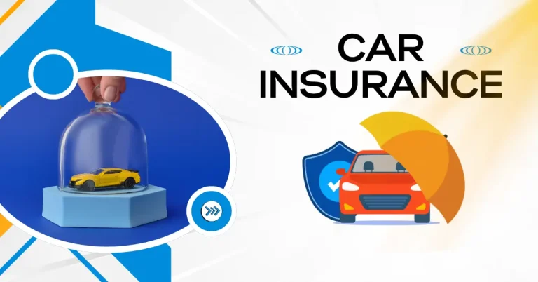 Car insurance concept with a protected toy car under a glass dome and an illustrated red car with an umbrella and shield.