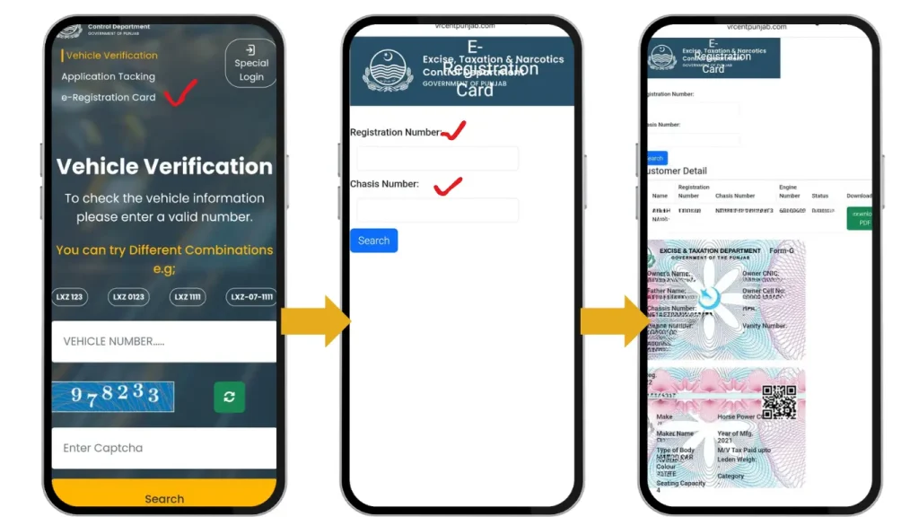 Three-step process for vehicle e-registration card retrieval, showing input fields for registration number, and chassis number, with final customer details displayed.